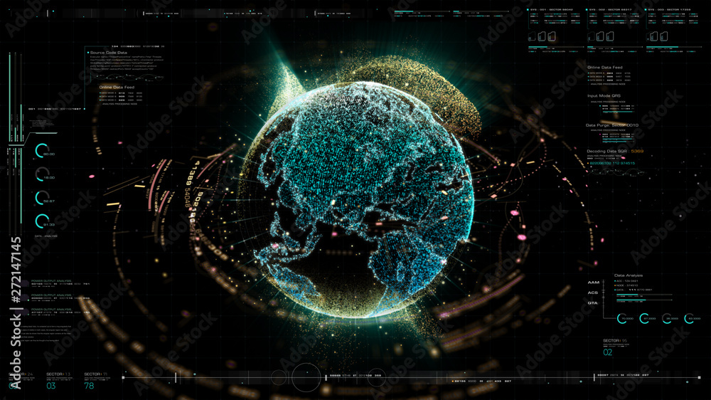 Aufkleber Futuristic motion graphic user interface head up display screen with Holographic Earth and digital data telemetry information display for digital background computer desktop display screen