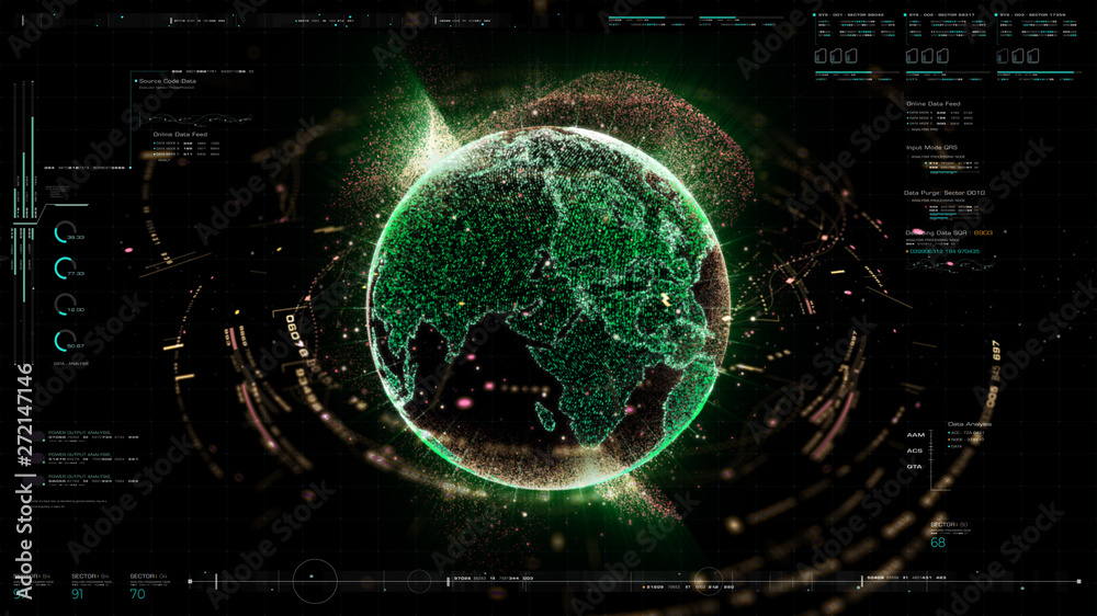 Poster Futuristic motion graphic user interface head up display screen with Holographic Earth and digital data telemetry information display for digital background computer desktop display screen