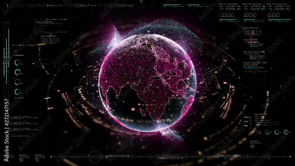 Fototapete Futuristic motion graphic user interface head up display screen with Holographic Earth and digital data telemetry information display for digital background computer desktop display screen