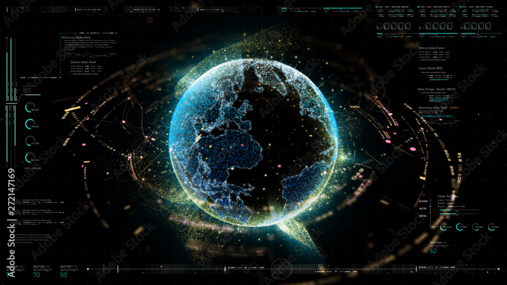Leinwandbilder Futuristic motion graphic user interface head up display screen with Holographic Earth and digital data telemetry information display for digital background computer desktop display screen