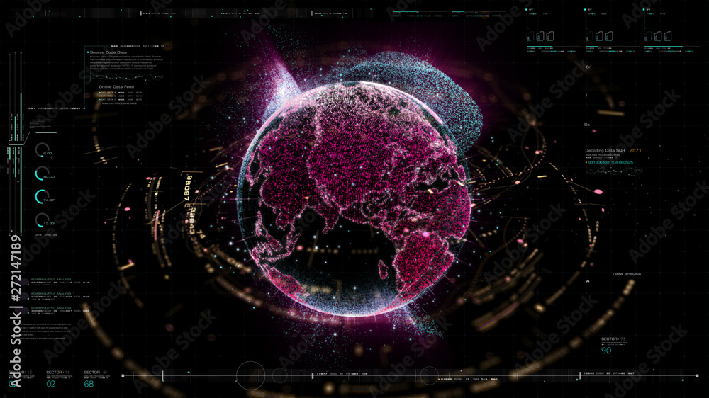 Poster Futuristic motion graphic user interface head up display screen with Holographic Earth and digital data telemetry information display for digital background computer desktop display screen