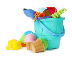 Set of plastic beach toys on white background