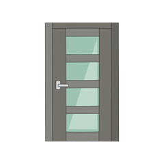 Grey metal door with matte glass, office entrance doorway front with modern secure look