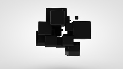 3D rendering of many black cubes of different sizes, randomly arranged in space on a white background. Abstract, futuristic composition of ideal geometric shapes.