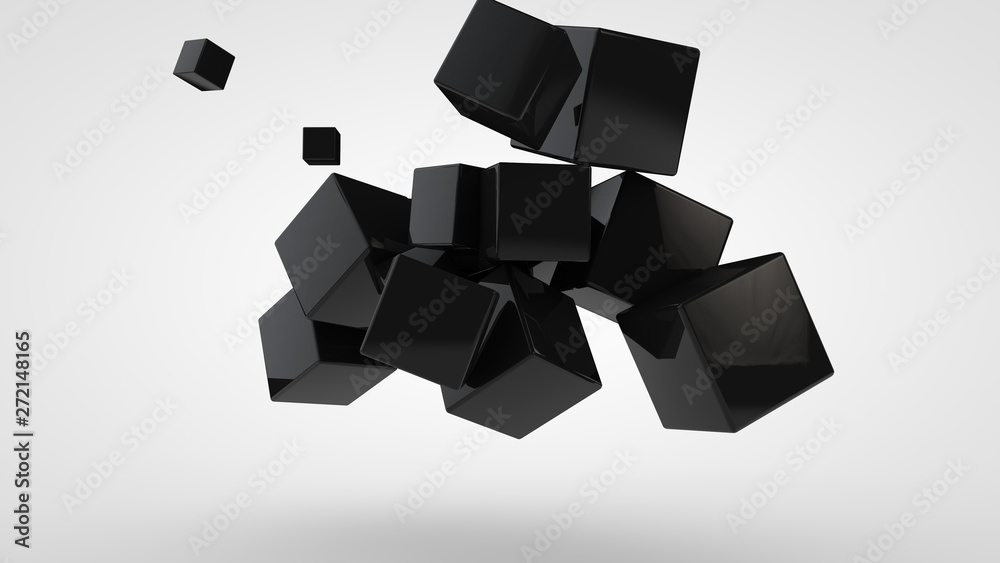 Poster 3d rendering of many black cubes of different sizes, randomly arranged in space on a white backgroun