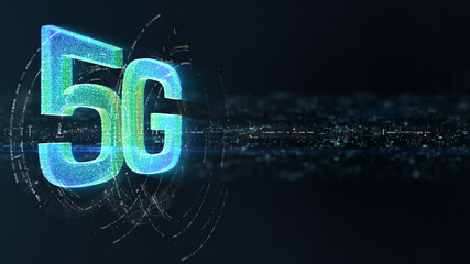 Futuristic holographic 5G icon digital wireless high speed fifth innovative generation for cellular network connectivity, high speed Internet broadband network and telecommunication concept