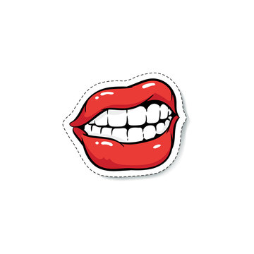Ajar grinning female mouth with red makeup cartoon pop art style
