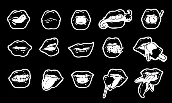 Black and white stickers set of girl mouths cartoon pop art style