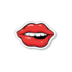 Ajar female mouth with glossy red makeup biting underlip cartoon pop art style