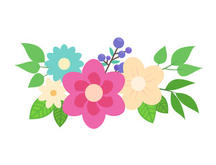 Flower composition. A bouquet of flowers, leaves, branches with blueberry. Isolated vector illustration