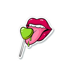 Sticker of female sexy glossy lips in red lipstick and mouth with teeth and tongue.