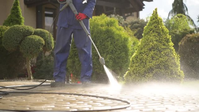 Driveway Pressure Wash. Cleaning Bricks Road and Garden Paths.