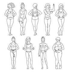 Women or girls of various body shape and weight sketch vector illustration isolated.