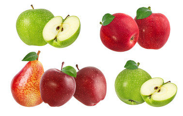 Fresh red and green apples and pear isolated on white background with clipping path