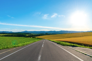 Speed highway asphalt road among the fields in bright sunrise