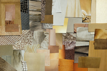 Creative fall atmosphere art mood board. Handmade collage made of magazines and torn paper cut clippings. Mixed texture background with space for text.  Beige, brown and taupe colors.