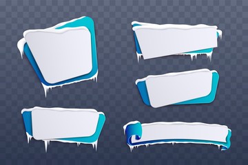 Blank frozen banner stickers with snow and icicles, cold holiday season themed text template for winter or Christmas ads