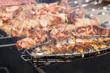 Pork meat shashlik and trout fish are grilled together on barbecue outdoors