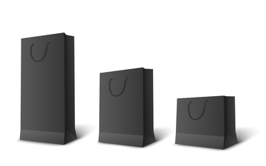 Black paper bag set in various sizes. Blank retail purchase packet mockups in long, medium and short size
