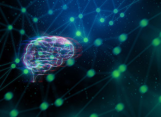 Obraz premium cpu robot brain data ai network technology hologram in sci-fi futuristic concept, cell science atom molecule, system link to worldwideweb, hacker and security