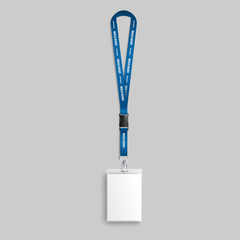 Realistic blank badge on blue lanyard with identification and pass card for name holder. - obrazy, fototapety, plakaty