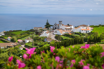 Beautiful view of the village in Nordeste against Atlantic Ocean, Sao Miguel Island, Azores,...