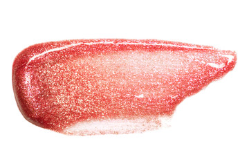 Lip gloss sample isolated on white. Smudged red lipgloss