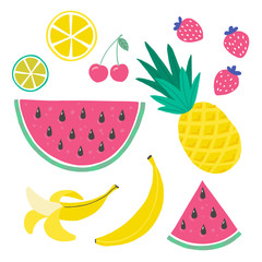 Cute Set bright colors of fruits vector collections. Hand drawing vector illustration.