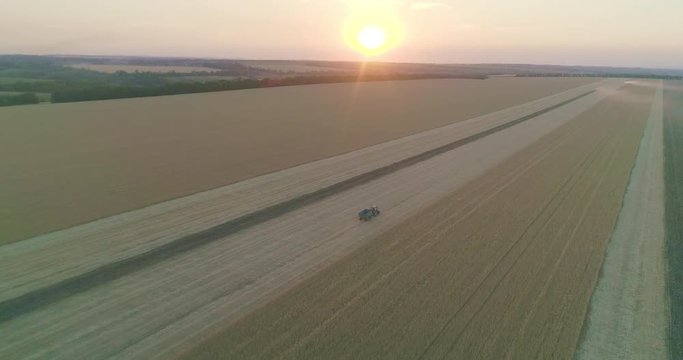 A tractor at the rhy field to gather grain