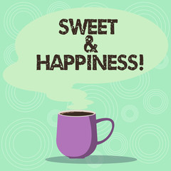 Handwriting text Sweet And Happiness. Concept meaning feeling that comes over when you know life is good Mug photo Cup of Hot Coffee with Blank Color Speech Bubble as Steam icon