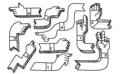 set of pointers palm, hand. hand drawing palm pointer, contour black and white drawing for print, website, stickers.