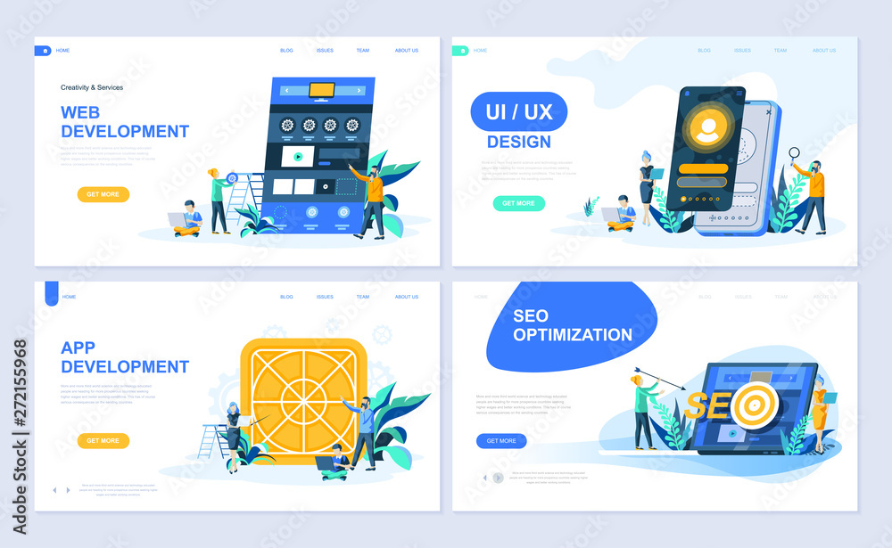 Poster set of landing page template for web and app development, ui design, seo optimization. modern vector