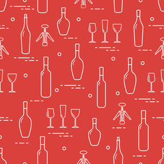 Pattern of wine glasses, bottles, corkscrew.