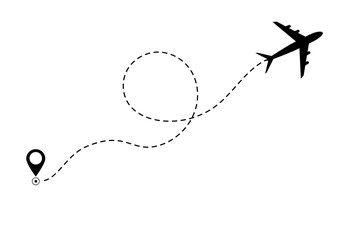 Airplane line path  icon of air plane flight route. Airplane travel concept, symbol  on isolated background. Flat  black airplane flying and leave a black dashed trace line. vector eps10