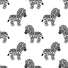 Fototapeta na wymiar Happy zebra. Colored seamless pattern with cute cartoon character. Simple flat vector illustration isolated on white background. Design wallpaper, fabric, wrapping paper, covers, websites.