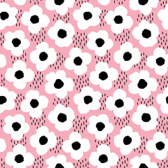 Cute seamless scandinavian style background with large white flowers on pink with hand drawn textures in black. Pretty, modern pattern for girls, birthday, textiles, gift wrapping paper, wallpapers.