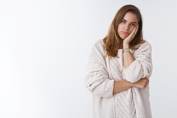 How boring. Portrait of sleepy tired annoyed woman listening boring uninteresting lecture forced...