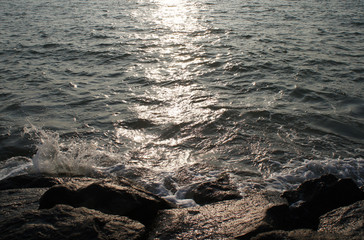 Stony coast on the ocean on the southern tropical island of Sri Lanka.