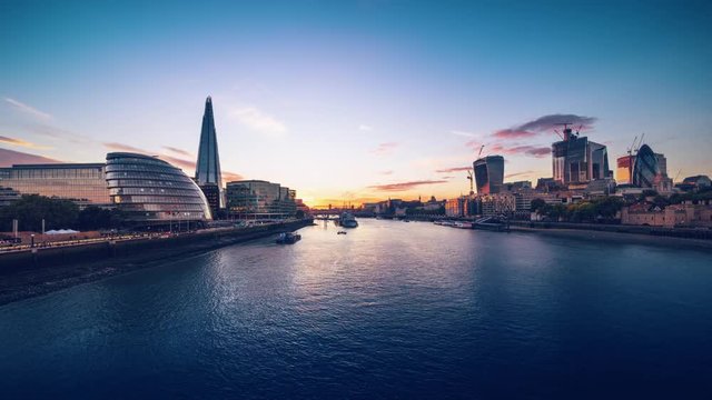 time lapse of sunset, London skyline from the Tower Bridge, UK