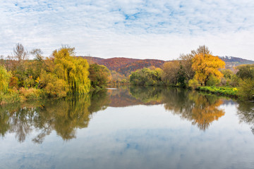 Fototapeta premium calm water surface of the mountain river in autumn. wonderful carpathian landscape on an overcast day. trees in colorful foliage on the shore. clouds and plants reflection