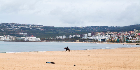 Fototapeta na wymiar Caballo y jinete en la playa de Tánger, Marruecos