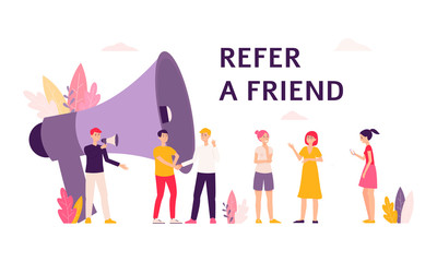 People with loudspeaker the illustration referral marketing program flat vector.