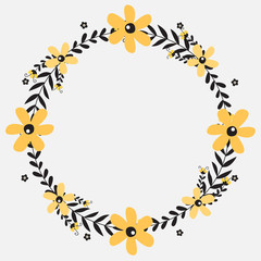 Fototapeta premium Floral greeting card and invitation template for wedding or birthday anniversary, Vector circle shape of text box label and frame, Yellow flowers wreath ivy style with branch and leaves.