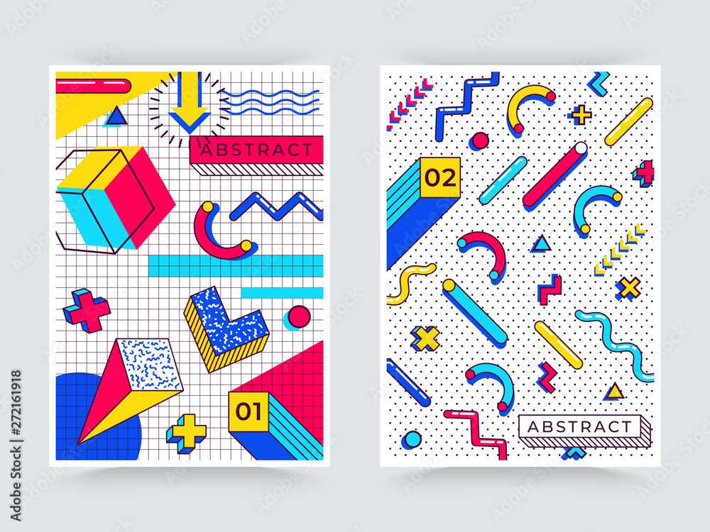 Wall mural two memphis posters. abstract 90s trends elements with multicolored simple geometric shapes. shapes 