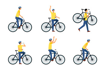 Naklejka premium Set of man riding or sitting on bicycle or standing near it flat cartoon style