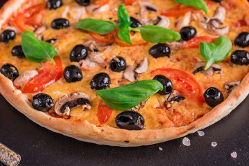 Tasty fresh hot pizza against a dark background. Pizza, food, vegetable, mushrooms