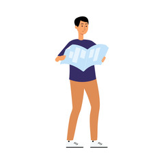 Couple of man and woman standing in queue line flat vector illustration isolated.