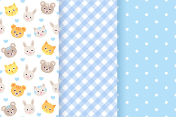 Baby boy pattern seamless. Baby shower backgrounds. Vector. Set blue pastel patterns for invitation, invite templates, cards, birth party, scrapbook in flat design. Cute illustration.