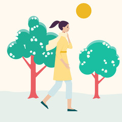Young girl walking in nature during summer, cartoon woman with active lifestyle enjoying warm weather