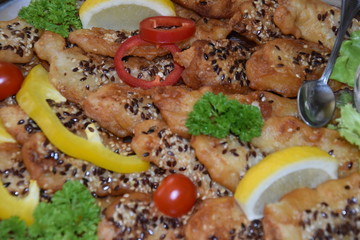 Assortment of canapes on wooden board. Banquet service. catering food